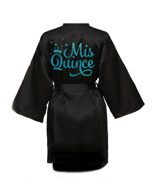 Black Quince Robe With Aqua Glitter Logo