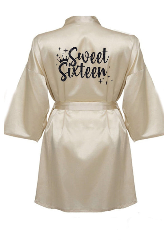 Beige Sweet 16 Robe With Black Glitter Logo