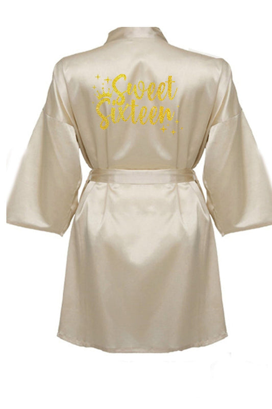 Beige Sweet 16 Robe With Gold Glitter Logo